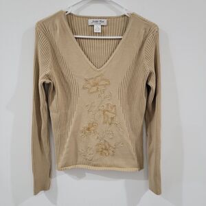 Judith Hart Womens Top Size Small Silk Blend Beaded Tan Y2K Floral Ribbed Blouse